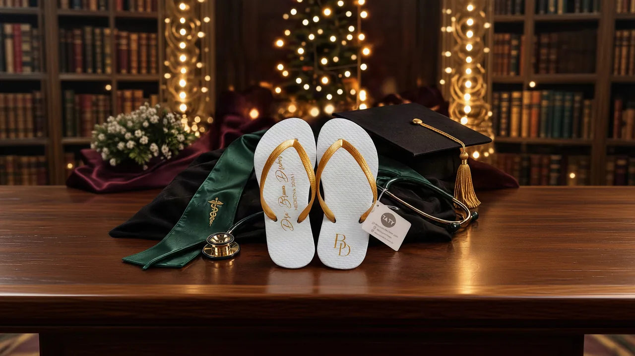 Chinelos Taty brancos com alças douradas e personalização de formatura de medicina em um cenário amplo de formatura